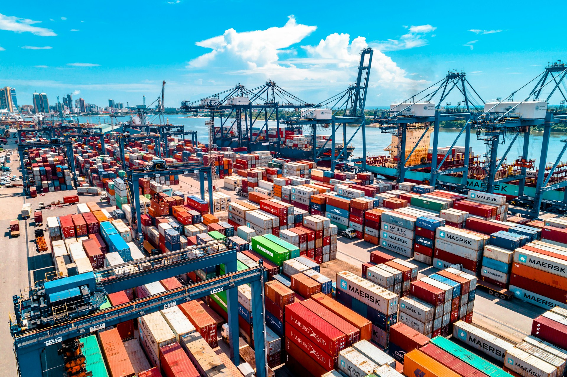 Stacked shipping containers in strong perspective